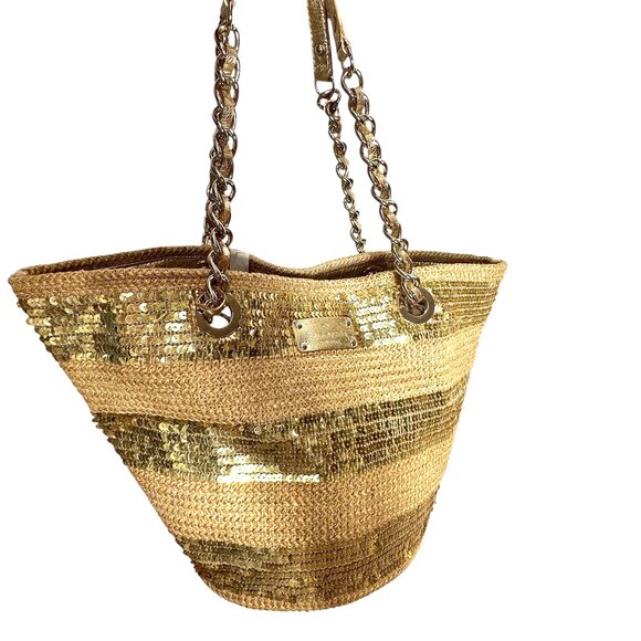 Kate Spade woven tote bag with gold sequins and gold leather and chain handles - Picture 2 of 10